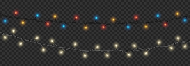 Gloeilampen geïsoleerd op transparante achtergrond. Gloeiende gouden en kleurrijke kerstslingers string. Nieuwjaar feestverlichting decoraties. Realistische vectorillustratie