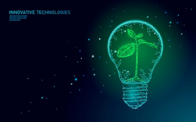 Gloeilampenlamp die het concept van de energieecologie besparen. Veelhoekige lichtblauwe spruit kleine plant zaailing binnen elektriciteit groene energie macht illustratie