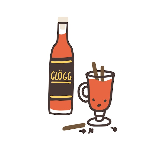 Glogg or Nordic traditional alcoholic drink from wine and winter spices. Bottle and glass of Swedish beverage. Colored flat vector illustration isolated on white background.