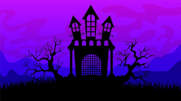 Vector gloomy ominous halloween landscape spooky castle dead trees