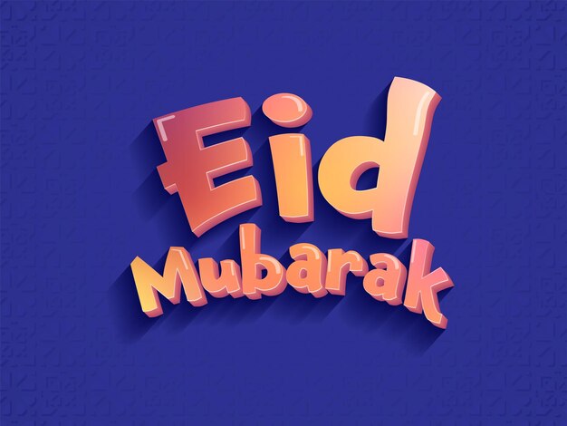 Glossy 3d peach eid mubarak font against blue islamic pattern background