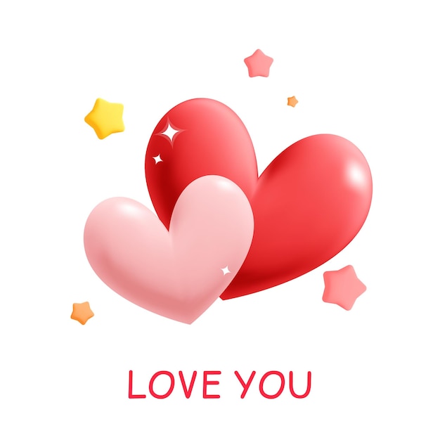 Glossy 3d red and pink heart shapes with stars and i love you text icon design. Love social media