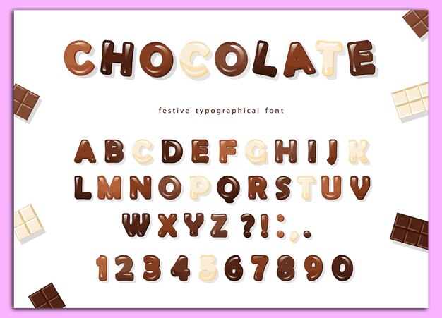 Vettore lettere e numeri abc lucidi fatti di diversi tipi di cioccolato latte scuro e bianco disegno di carattere dolce