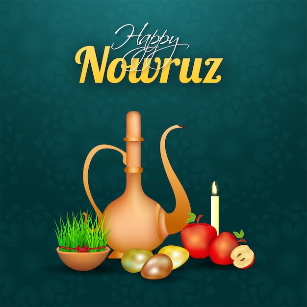 Glossy Arabic Jug with Eggs, Apples, Illuminated Candle and Semeni (Grass) Bowl on Green Mandala Pattern Background for Happy Nowruz Celebration.