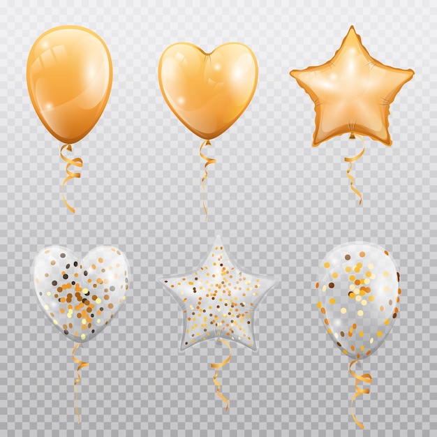 Vector glossy balloons with confetti isolated on transparent background vector golden heart star or circle