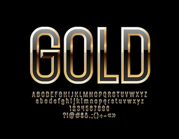  glossy Black and Gold Font. Luxury Alphabet Letters, Numbers and Symbols