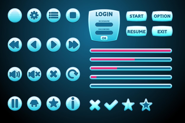 Vector glossy blue buttons and frames for game design