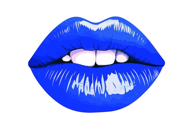 Glossy colored and sexy blue lips Vector illustration isolated on white background Hot kiss sticker