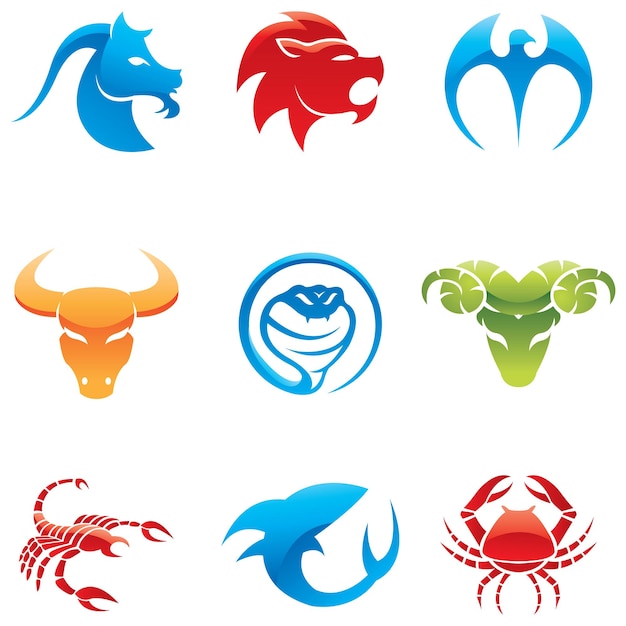 Glossy Colorful Icons of 9 Different Animal