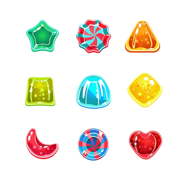 glossy colourful candies of various shapes