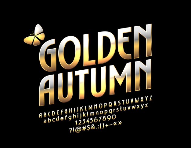 Glossy golden autumn with butterfly metallic gradient font rotated exclusive alphabet letters numbers and symbols