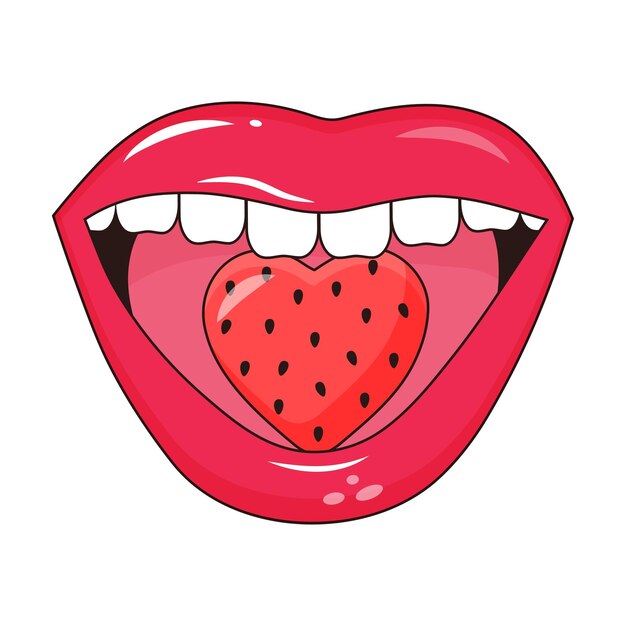 Glossy halfopened mouth with strawberry in pop art style Female sexy lips