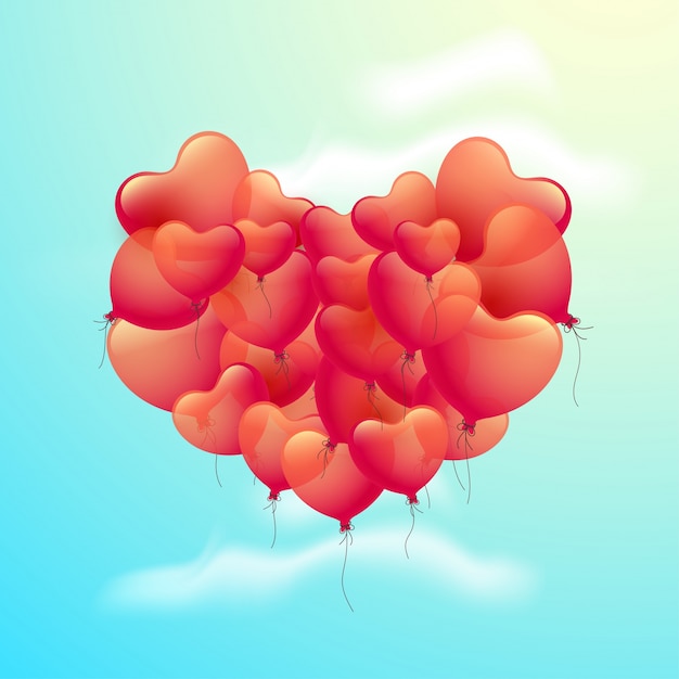 Glossy hearts ballons in the sky, love or valentines day concept.