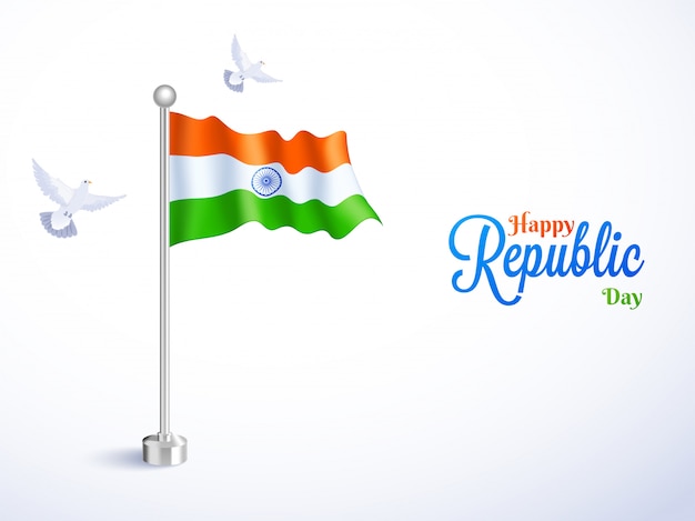 Vector glossy indian flag with flying pigeons illustration