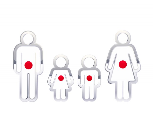 Глянцевый металлический значок в форме мужчины, женщины и детские фигуры с флагом японии, инфографики элемент на белом