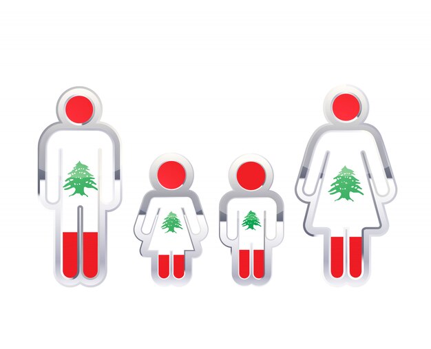 Icona lucida del distintivo del metallo nelle forme dell'uomo, della donna e dei bambini con la bandiera del libano, elemento infographic su bianco