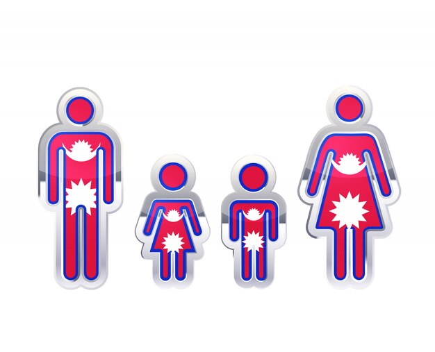Icona lucida del distintivo del metallo nelle forme dell'uomo, della donna e dei bambini con la bandiera del nepal, elemento infographic su bianco