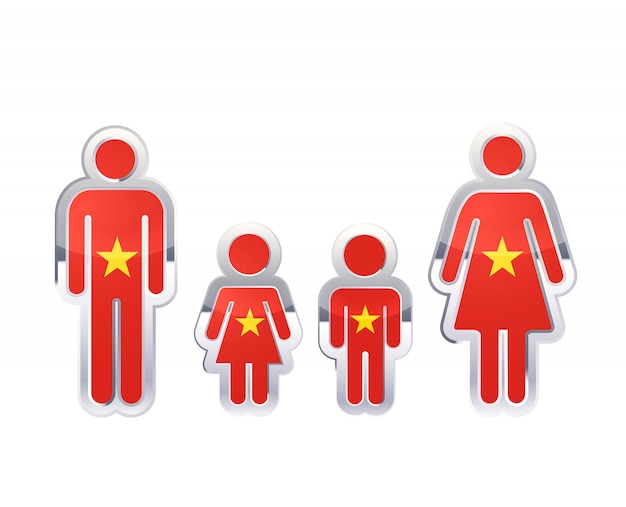 Icona lucida del distintivo del metallo nelle forme dell'uomo, della donna e dei bambini con la bandiera del vietnam, elemento infographic su bianco