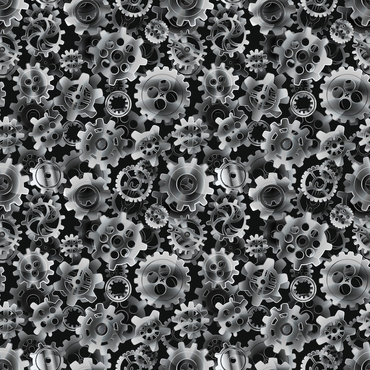 Vector glossy metal cogwheels on black, seamless pattern