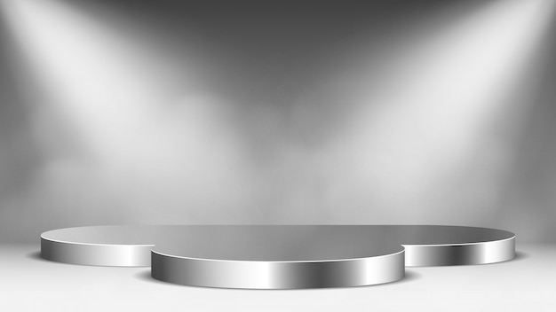 Glossy metallic podium with spotlights and steam. Pedestal.  illustration.