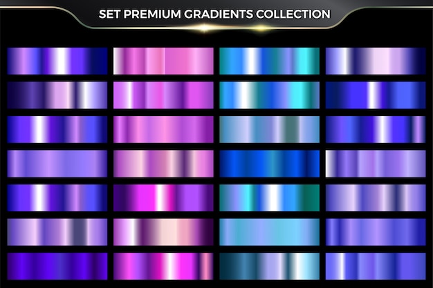 Vector glossy neon shiny metallic pink, purple, cyan, blue gradient colorful set collection