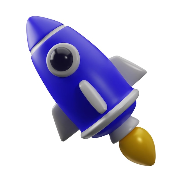 Glossy plastic 3d flying rocket cute stylised cartoon spaceship on white background vector startup