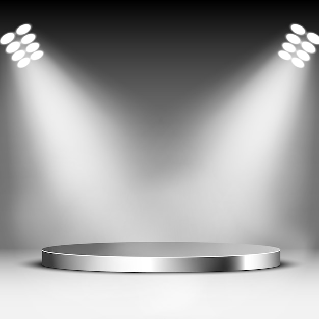 Glossy podium and spotlights. round metall pedestal. scene.  illustration.