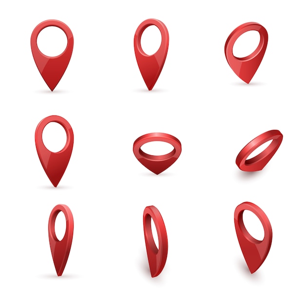 Vector glossy red realistic modern map pointers set in various angles