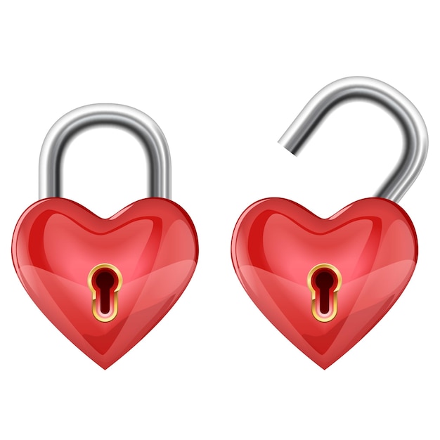 Vector glossy shiny red heart padlock in locked and unlocked position vector illustration