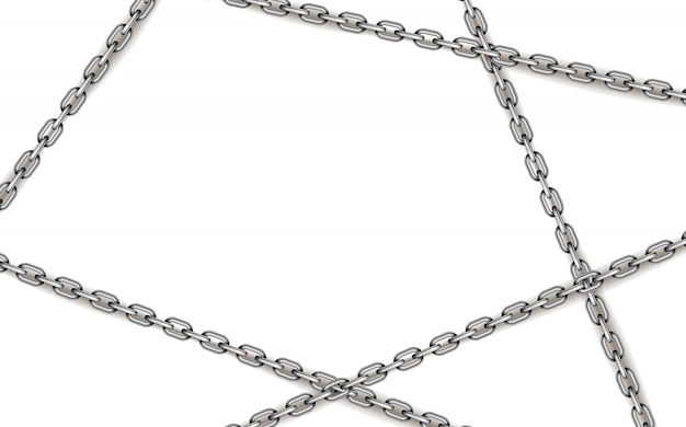 Glossy silver metal crossed chains on white