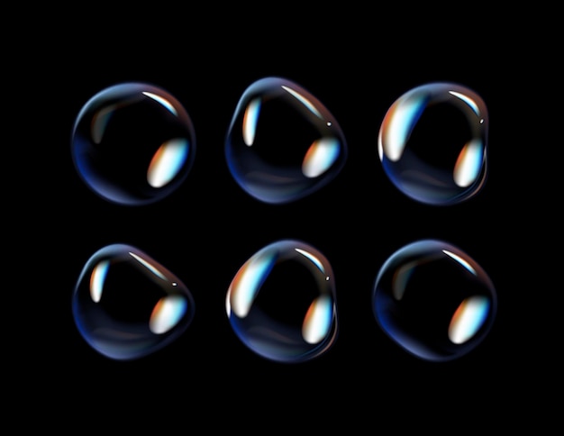 Glossy soap bubbles on black background Transparent soap bubbles with reflection