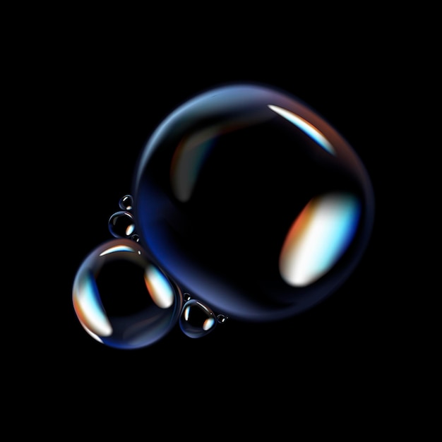 黒い背景の光沢のあるソープの泡反射のある透明なソーブの泡