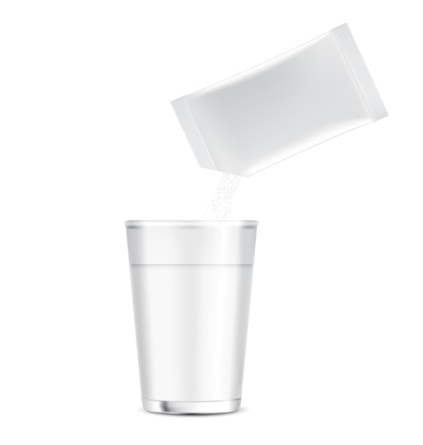 Vector glossy stick sachet mockup and pour powder to cup of water