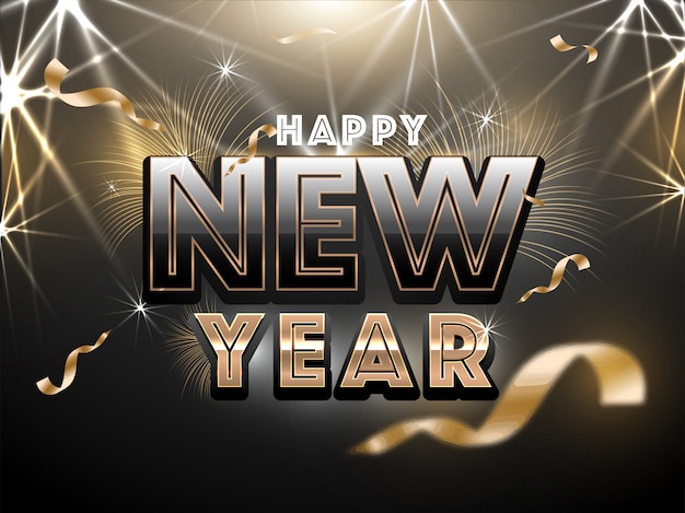 Vector glossy text of happy new year  poster on lighting rays black and golden .