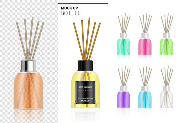 Glossy transparent reed diffuser bottle with perfume oil product branding advertising with pastel colour. relax merchandise background illustration.