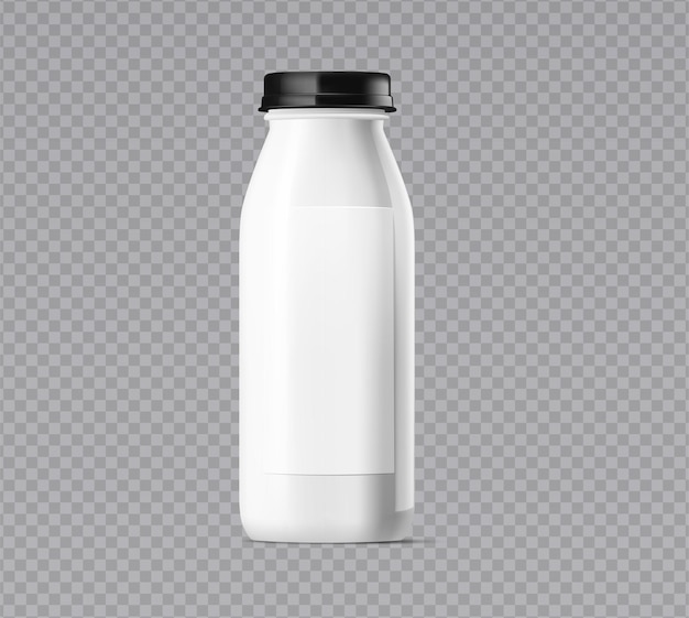 Glossy white singleuse bottle with a black twistoff cap for beverages or dairy empty label space