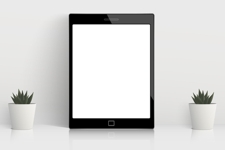 Vector glossy white table with tablet mockup