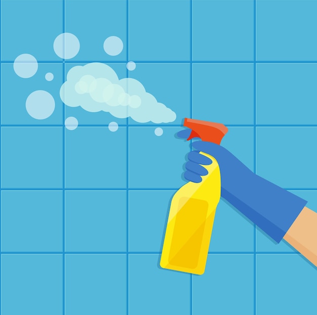 A gloved hand holds a bottle of antiseptic spray. Cleaning service. Vector illustration in flat style Eps 10