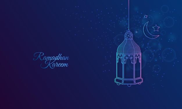 Glow arabic lantern line style blue background for islamic greeting design