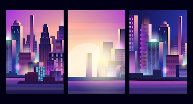 Bagliore del paesaggio della città. modello di banner di vettore di grattacielo al neon urbano, futuristico in stile cyberpunk. illustrazione paesaggio urbano moderno, panorama urbano