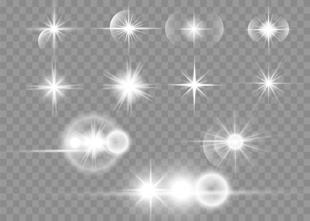 Vector glow isolated white transparent light effect set, lens flare, explosion, glitter, line, sun flash, spark and stars. abstract special effect element design. shine ray with lightning