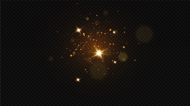 글로우 조명 효과 반짝이는 마법의 먼지 입자 먼지 불꽃과 황금빛 별이 빛납니다.