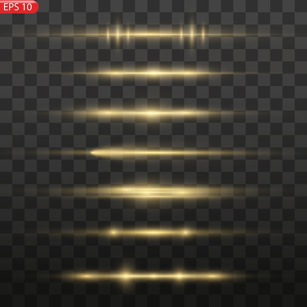 Glow lines set. Gold light effect on transparent background. Bright luxury flares. Horizontal energy