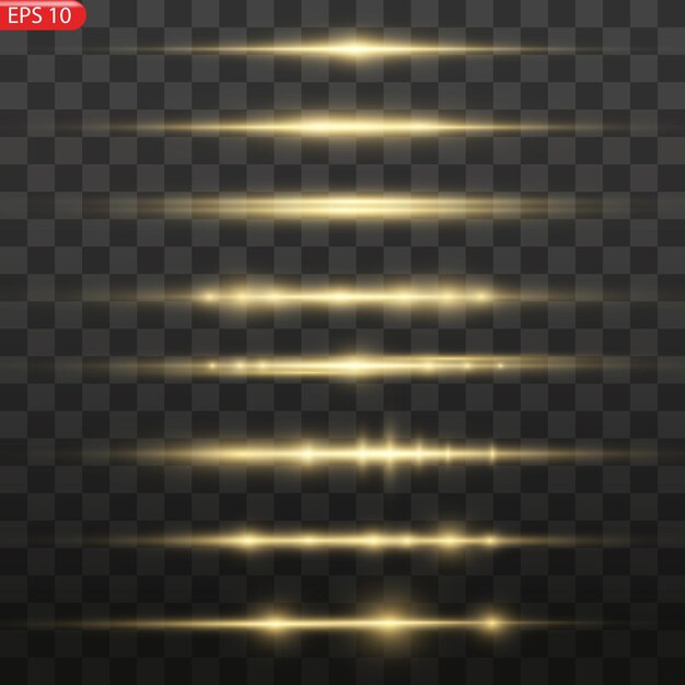 Glow lines set. Gold light effect on transparent background. Bright luxury flares. Horizontal energy