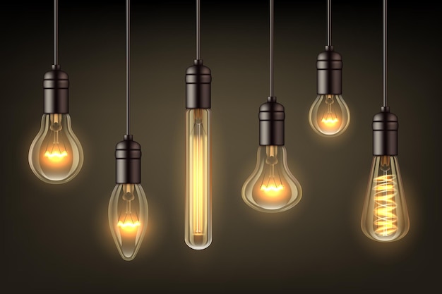 Glow realistic lamps. Incandescent light hang bulb wire vector illustrations set