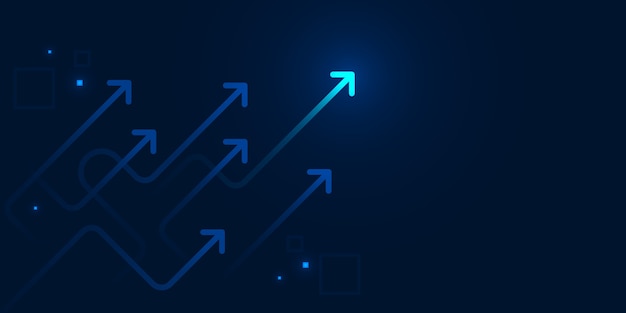 Vector glow up devious arrows on dark blue background with copy space business growth concept