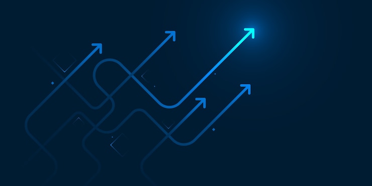 Vector glow up devious arrows on dark blue background with copy space business growth concept
