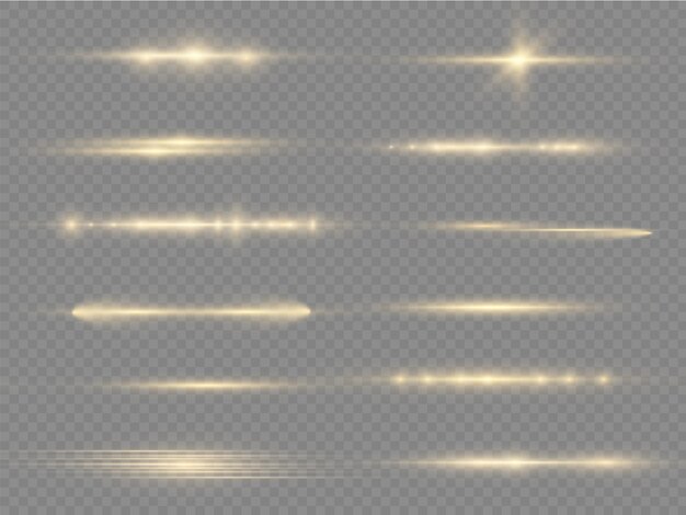 Glow yellow line laser beams bright gold glare horizontal light rays flash lens flares pack