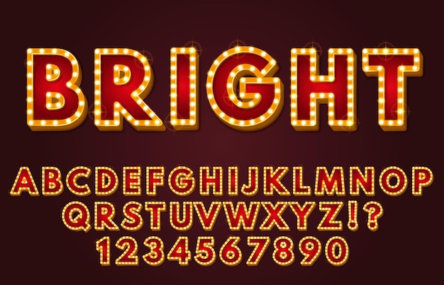 Vector glowing alphabet display font retro letters and numbers with light bulbs frames nostalgic light sign lettering vintage signboard design vector bundle of alphabet typography lettering illustration