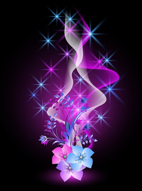 Glowing background with flowers smoke and stars